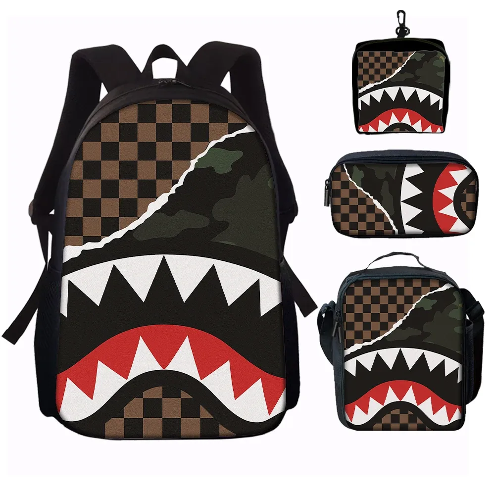ensemble de sacs à dos tendance avec motif requin, 1/2/3/4/5 pièces |   parfait pour l'école et les aventures quotidiennes