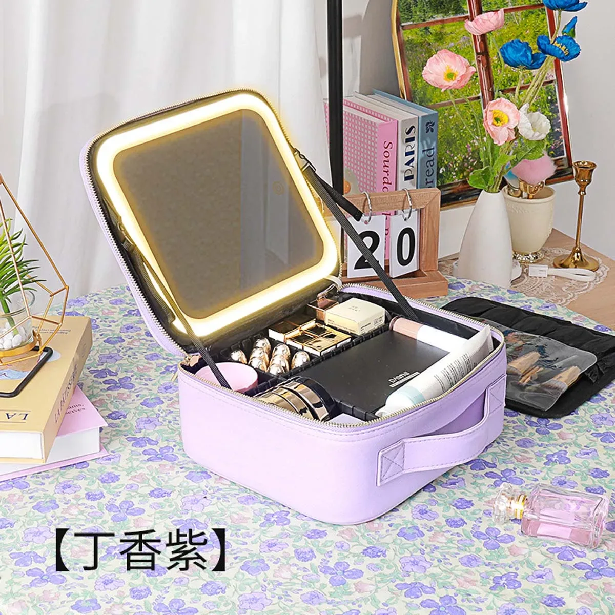 éclairage de maquillage à trois vitesses, trousse de maquillage de grande capacité, étui de maquillage, miroir plein écran, sac de rangement de maquillage de voyage portable