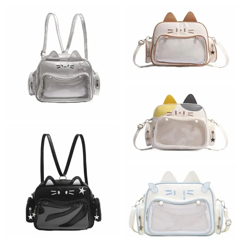 sac fourre-tout créatif en cuir pu avec poche transparente pour badges, style preppy, motif chat mignon, pour enfants