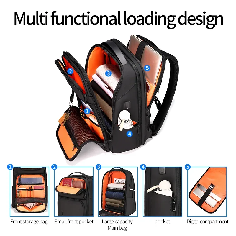 fenruien-sacs à dos d'affaires étanches pour hommes, chargement usb, convient pour ordinateur portable 15.6 pouces, voyage, grande capacité, 35l