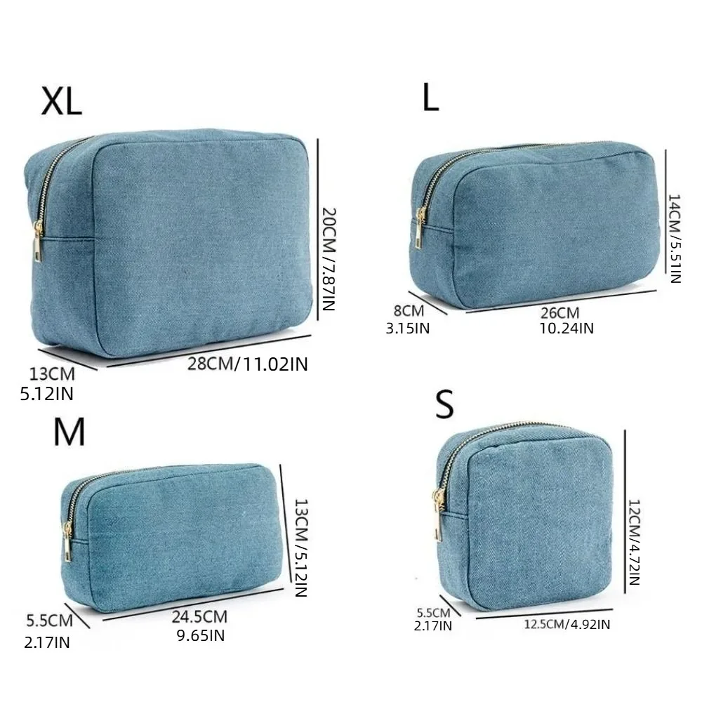 pochette cosmétique en denim bleu avec fermeture éclair, 4 tailles, sac de rangement vintage pour voyage, organisateur de papeterie de couleur unie, trousse de maquillage pour femmes
