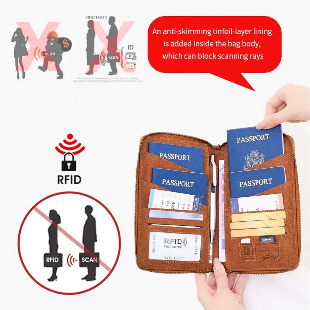 sac de passeport bloquant rfid avec porte-documents de voyage à longue fermeture éclair, portefeuille de rangement de billets multifonctionnel pour plusieurs passeports
