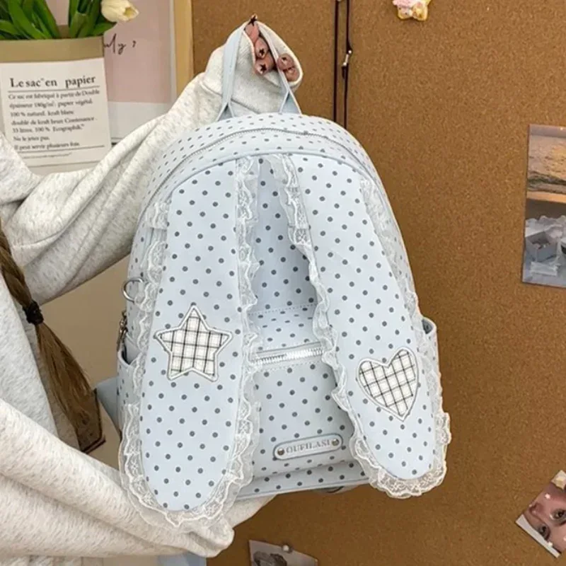 sac à dos créatif mignon avec oreilles de lapin, décor en dentelle à pois, style japonais lolita, sac à dos preppy pour fille, sac à main léger en nylon