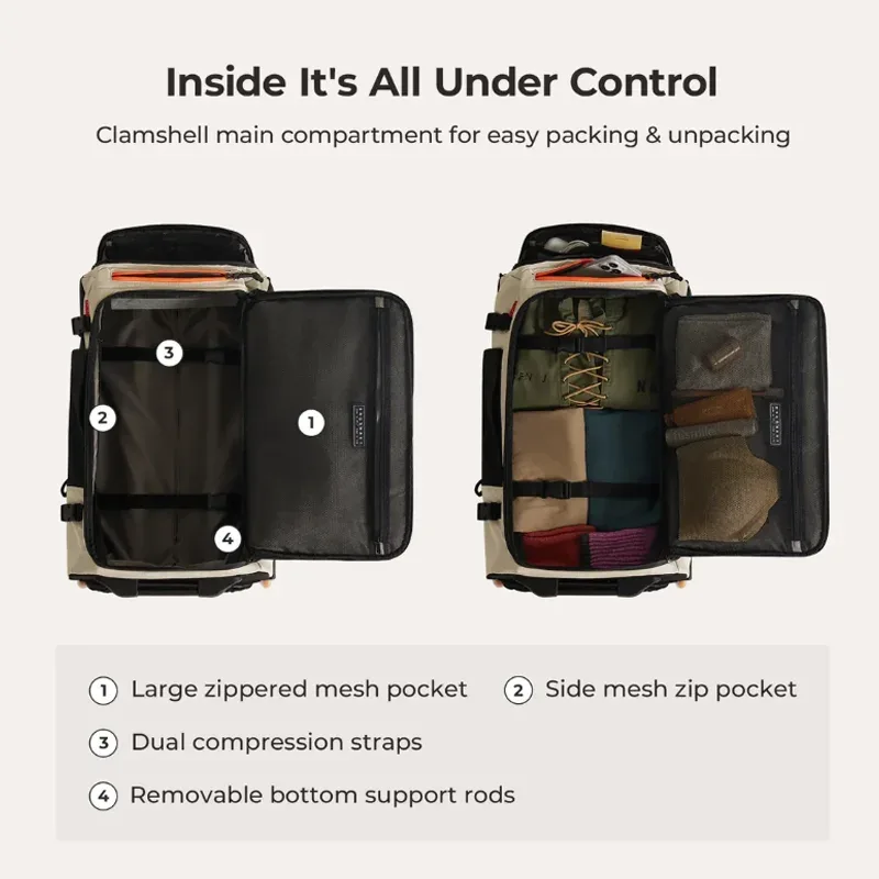 bagsmart sac à dos de voyage à roulettes 43l avec roues en pu lisses, grande capacité, bagage à main, valise de voyage