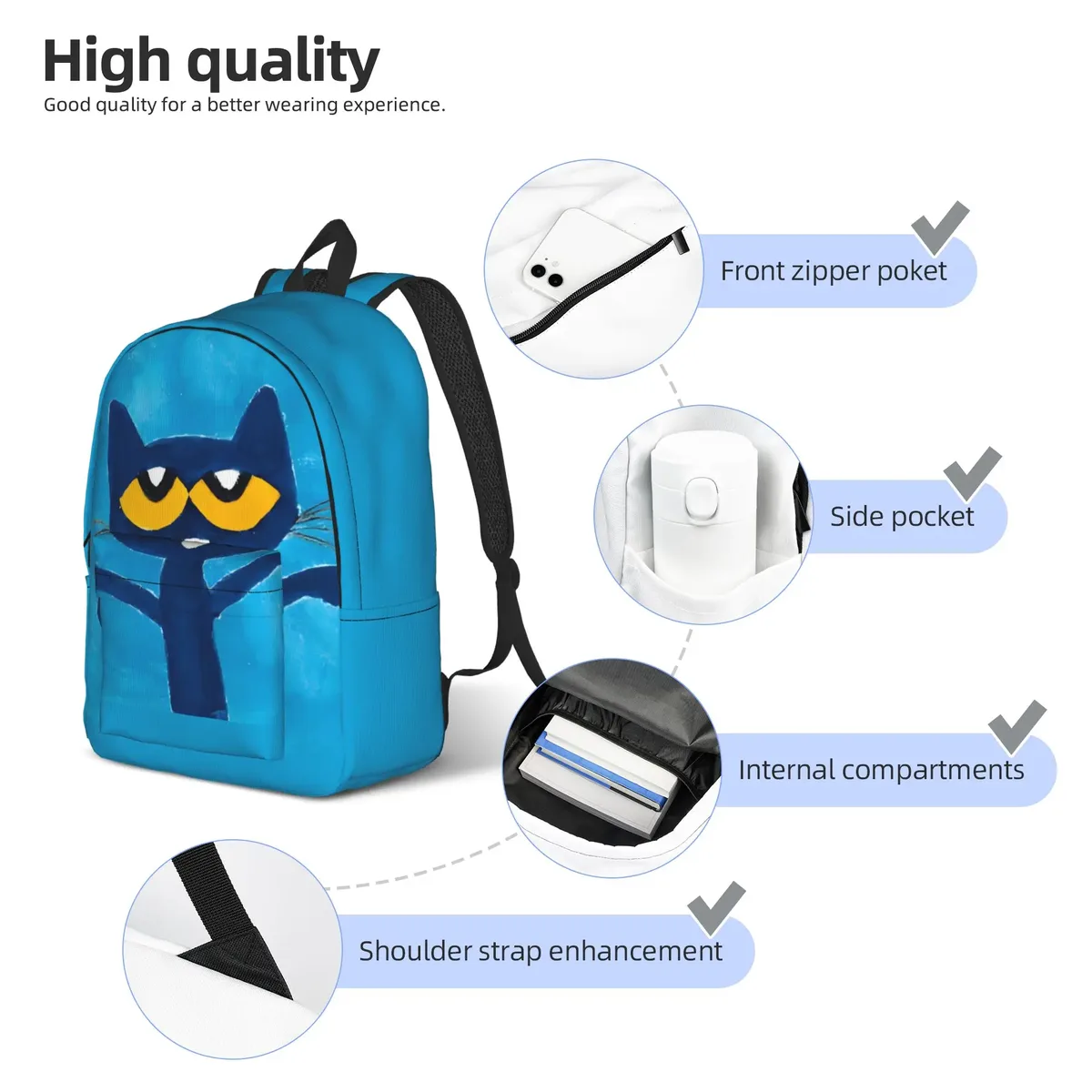 sac à dos cartoon pete the cat pour hommes et femmes, sac à bandoulière tendance pour étudiants, sac à bandoulière pour le travail, sac à bandoulière pour le collège, durable