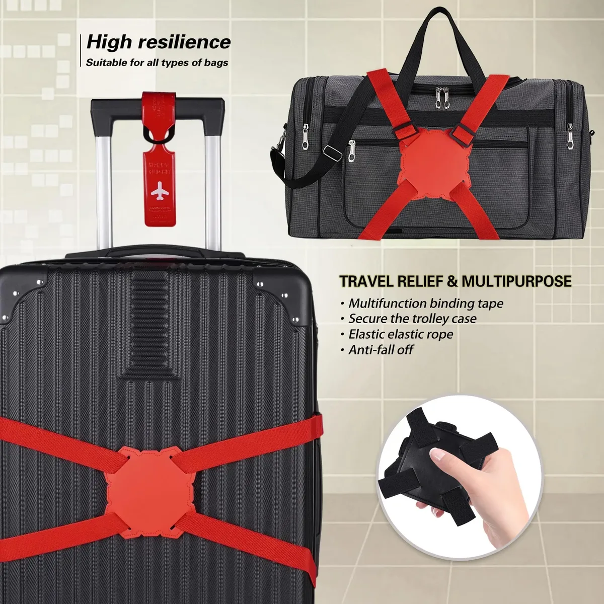 ensemble de 2 sangles de bagage + étiquette de bagage, disponible en 5 couleurs, sangle de fixation de bagages de voyage avec attache de sécurité en forme de 8, corde élastique antidérapante, sangle de fixation de bagages, étiquette de bagage pour bagages à main, étiquette d'identification anti-perte pour bagages de voyage, étiquette d'embarquement pour avion, étiquette de bagage en pvc