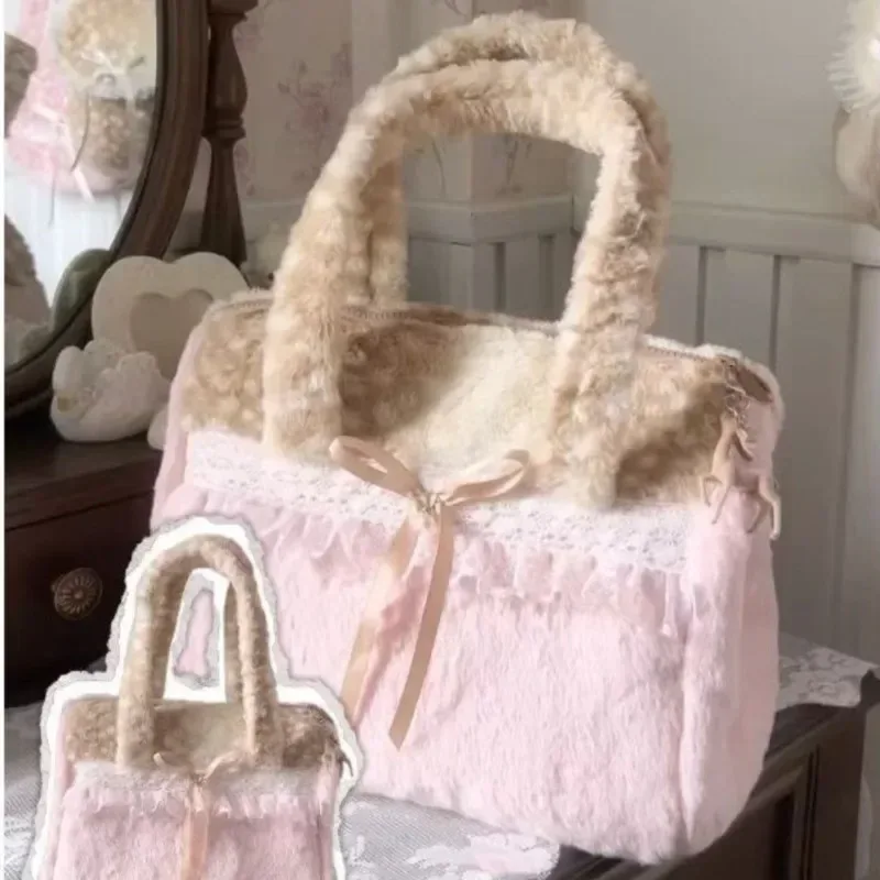 sac fourre-tout en peluche doux et mignon pour femmes, style ballet, dentelle, couleur contrastée, grande capacité, sacs à bandoulière, sacs à main polyvalents harajuku pour femmes