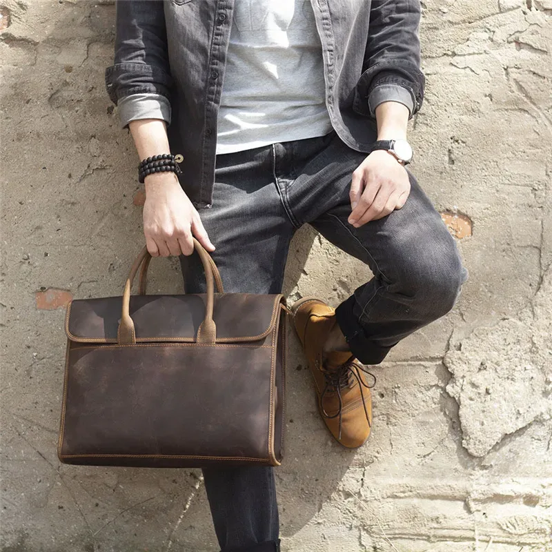 pndme – porte-documents rétro en cuir de vache crazy horse pour hommes, sac quotidien étanche pour ordinateur portable, sacs à bandoulière de travail en cuir véritable