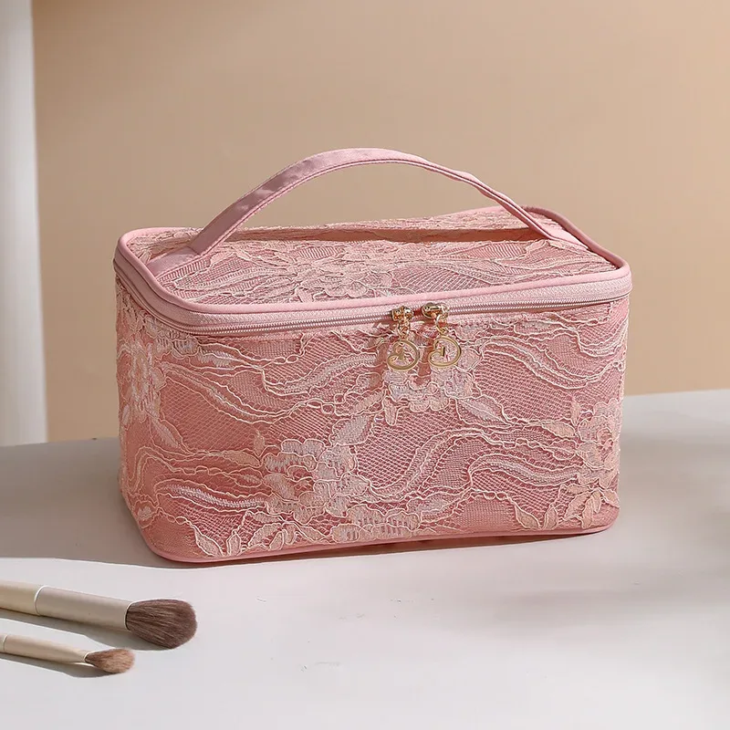 trousse de maquillage de voyage de grande capacité, sac à cosmétiques multifonctionnel portable en dentelle, sac de rangement de toilette pour femmes