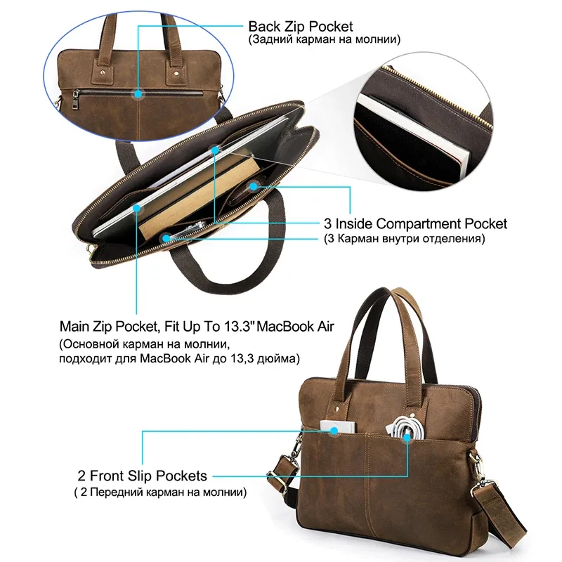 contact's – mallette en cuir véritable pour hommes, sac à main vintage pour ordinateur portable, sac à bandoulière décontracté grande capacité, sacoche pour macbook 13 ''16''