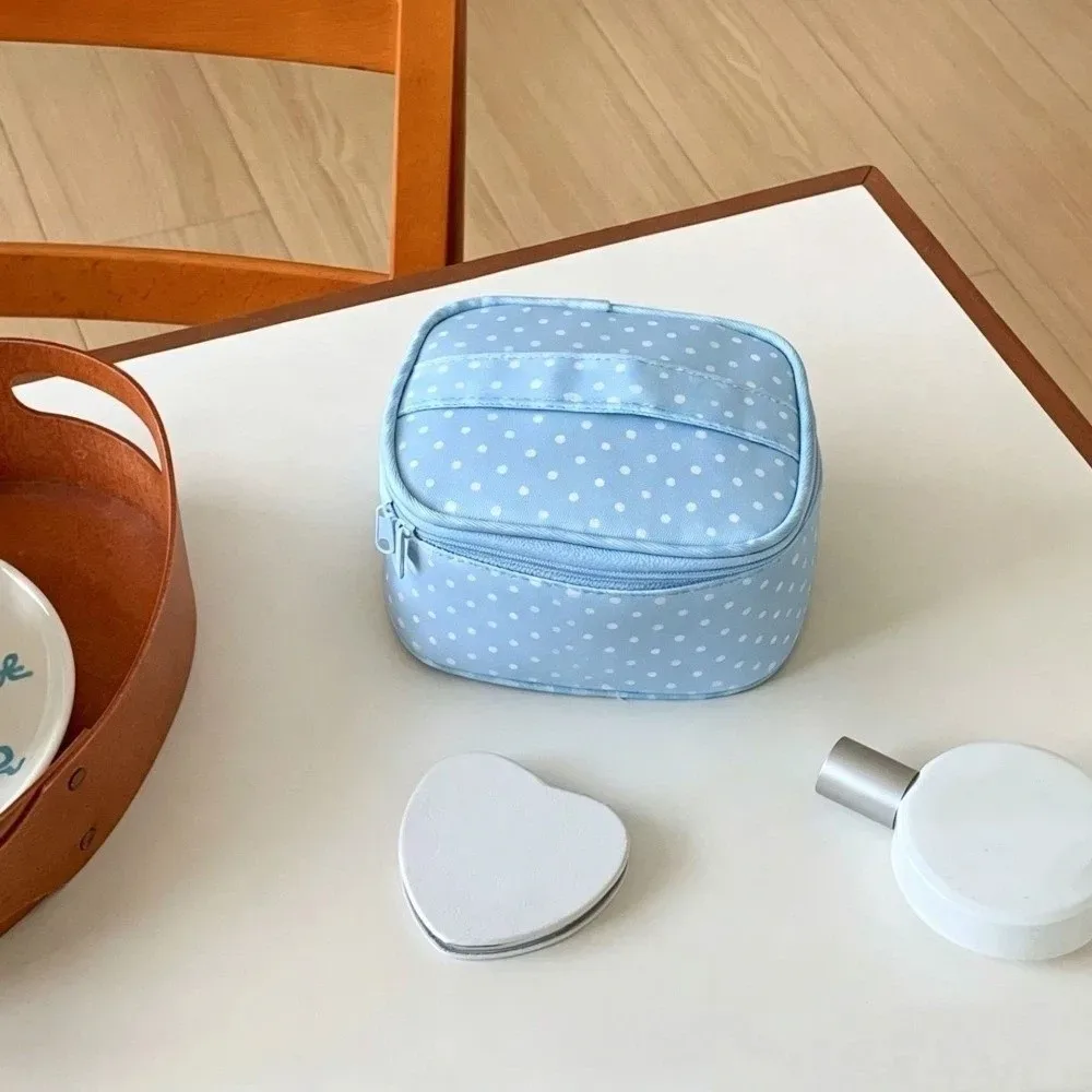 trousse de maquillage mignonne en polyester à pois bleu clair, pochette cosmétique multi-tailles à fermeture éclair, sac de voyage à carreaux pour articles de toilette, sac de rangement portable