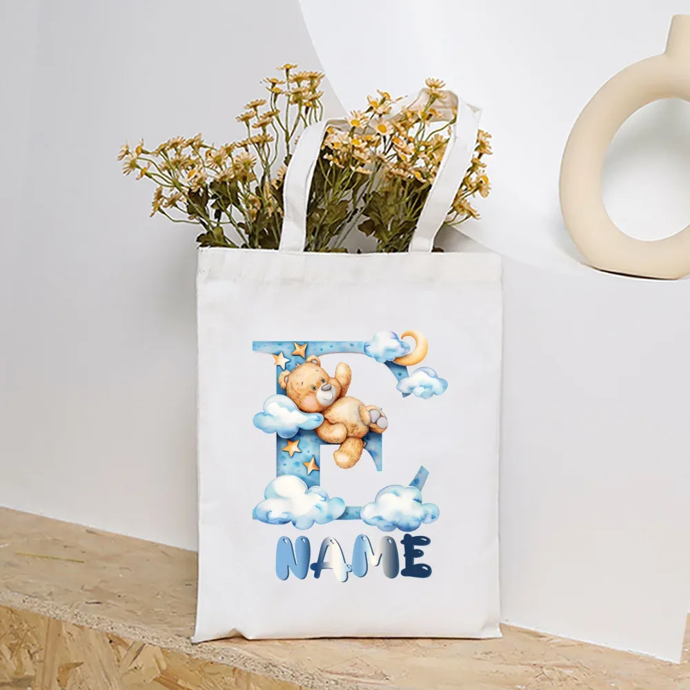 sacs fourre-tout en toile college nuage ours et alphabet personnalisés, sacs à main personnalisés de grande capacité, cadeaux de portabilité pour la rentrée scolaire