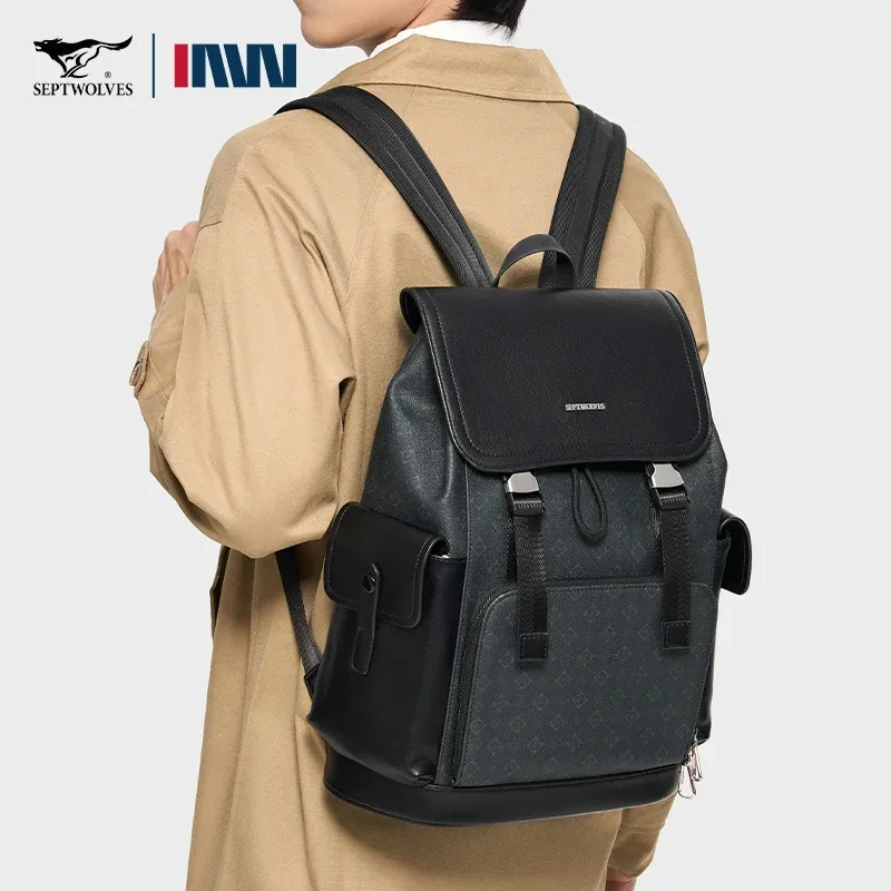 septwolves élégant homme imprimé sac à dos de voyage en cuir de haute qualité travail d'affaires déplacements à rabat impression monogramme sac à dos pour ordinateur portable