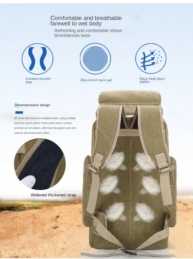 grand sac à dos en toile pour camping, randonnée en plein air, voyage, pêche, 80l, nouveau