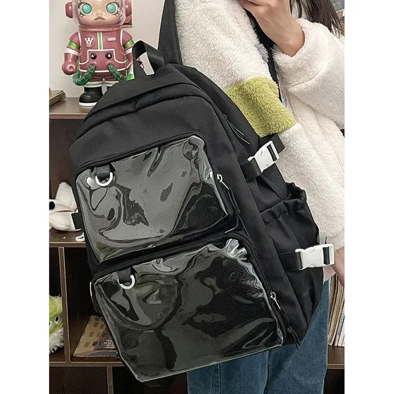 japon transparent nylon ita sac à dos étudiant grande capacité sac à dos pour ordinateur portable 2 poches claires pour affichage de broches femmes sac à bandoulière 가