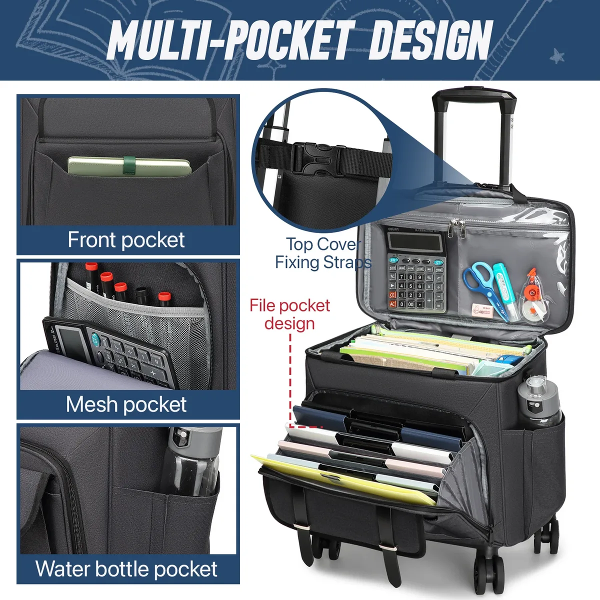 sac fourre-tout pour enseignant à roulettes, grand fourre-tout avec chariot à roulettes détachables, sac pour ordinateur portable de 15.6 pouces, sac pour enseignant à roulettes pour le travail et le bureau