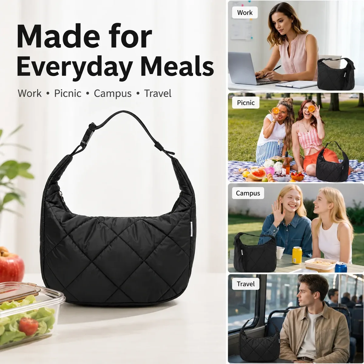 grand sac isotherme matelassé tendance pour femme, sac fourre-tout thermique imperméable pour le bureau, boîte à bento avec sangle