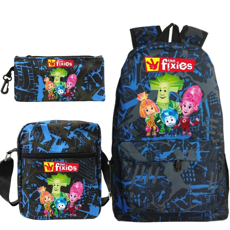 3 pièces nouveau ensemble de sac à dos imprimé The Fixies avec sacs à bandoulière trousse à crayons cartable léger pour enfants sac à dos de voyage en plein air