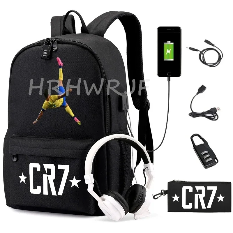 sac à dos usb cr7 pour femmes et hommes, sac à dos de voyage décontracté anti-vol, sacs d'école pour adolescents avec capacité pour ordinateur portable, avec trousse à crayons, 2 pièces