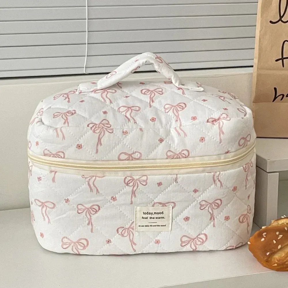 sac à cosmétiques de style coréen, sacs de rangement de voyage à fermeture éclair multi-tailles, sac matelassé de maquillage à carreaux avec nœud rose pour femmes et filles