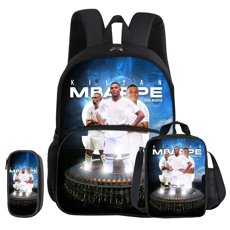ensemble de 3 pièces m-mbappe avec sac à dos à poche avant, sac isotherme pour le déjeuner, trousse à crayons de star de football, cadeau pour enfants