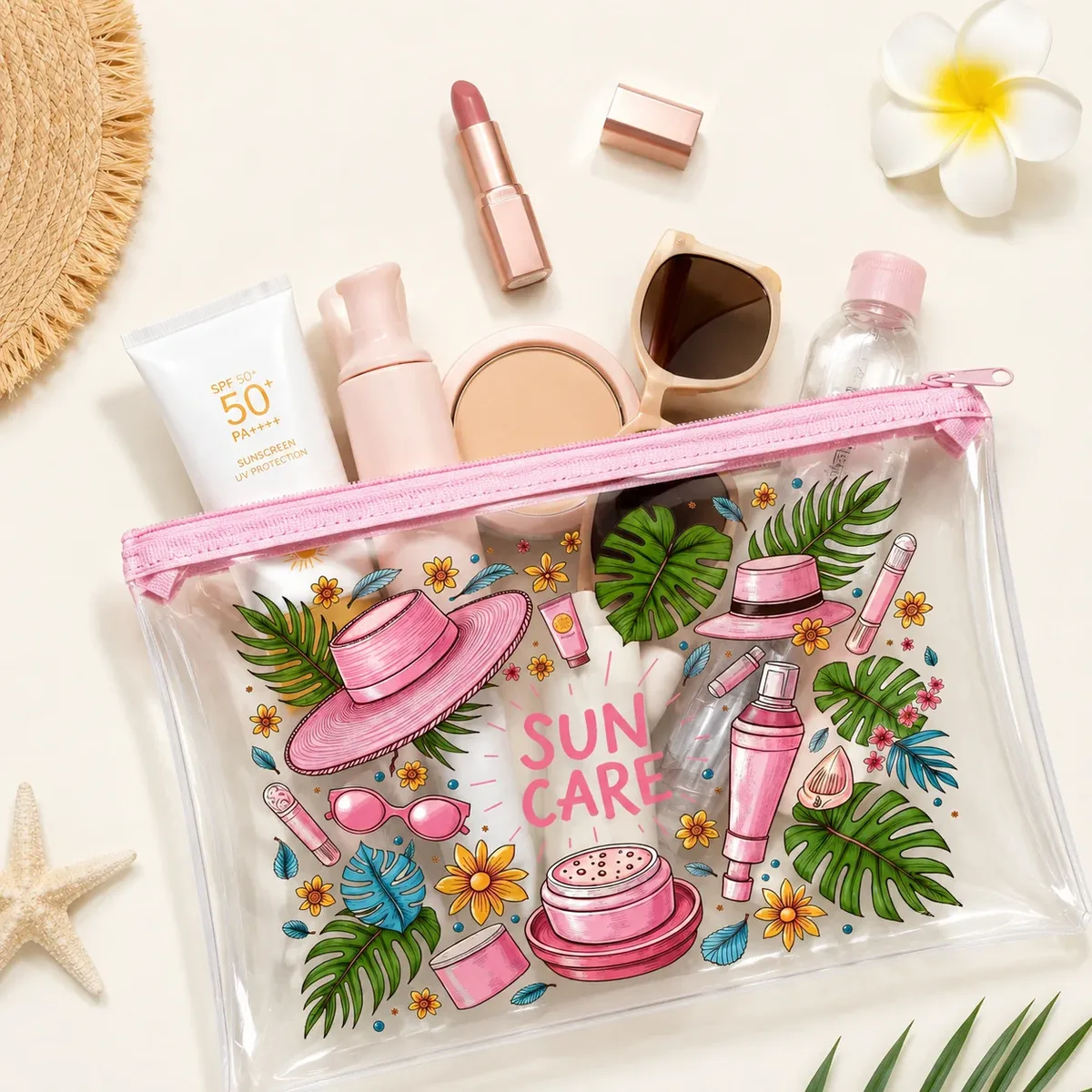 sac cosmétique transparent en pvc pour le soin du soleil, trousse de maquillage étanche à fermeture éclair pour femmes, plage, piscine, voyage et articles de toilette