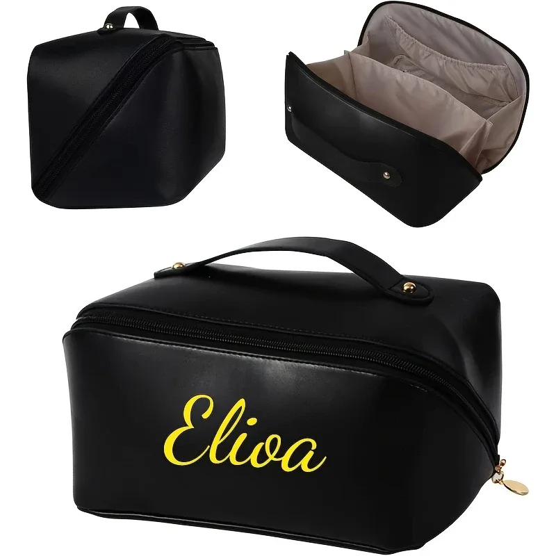 pochette de maquillage personnalisée avec nom brodé - organisateur de cosmétiques grande capacité avec fermeture à glissière et poignée supérieure