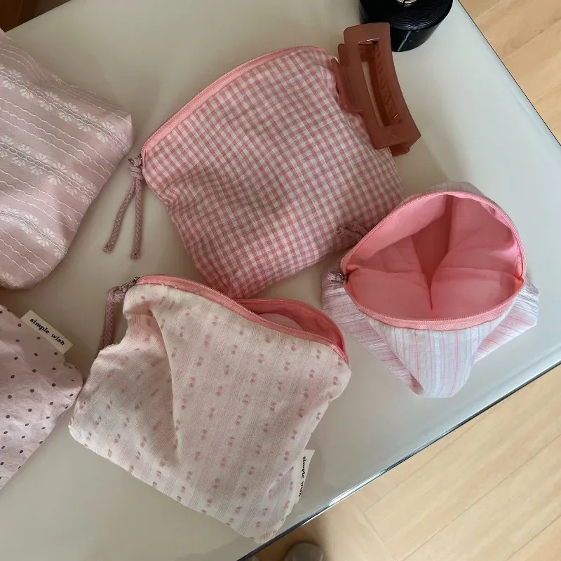 pochette de rangement en coton rose clair pour femme, motif pois frais, à carreaux et rayures, pour maquillage, cosmétiques et articles de toilette