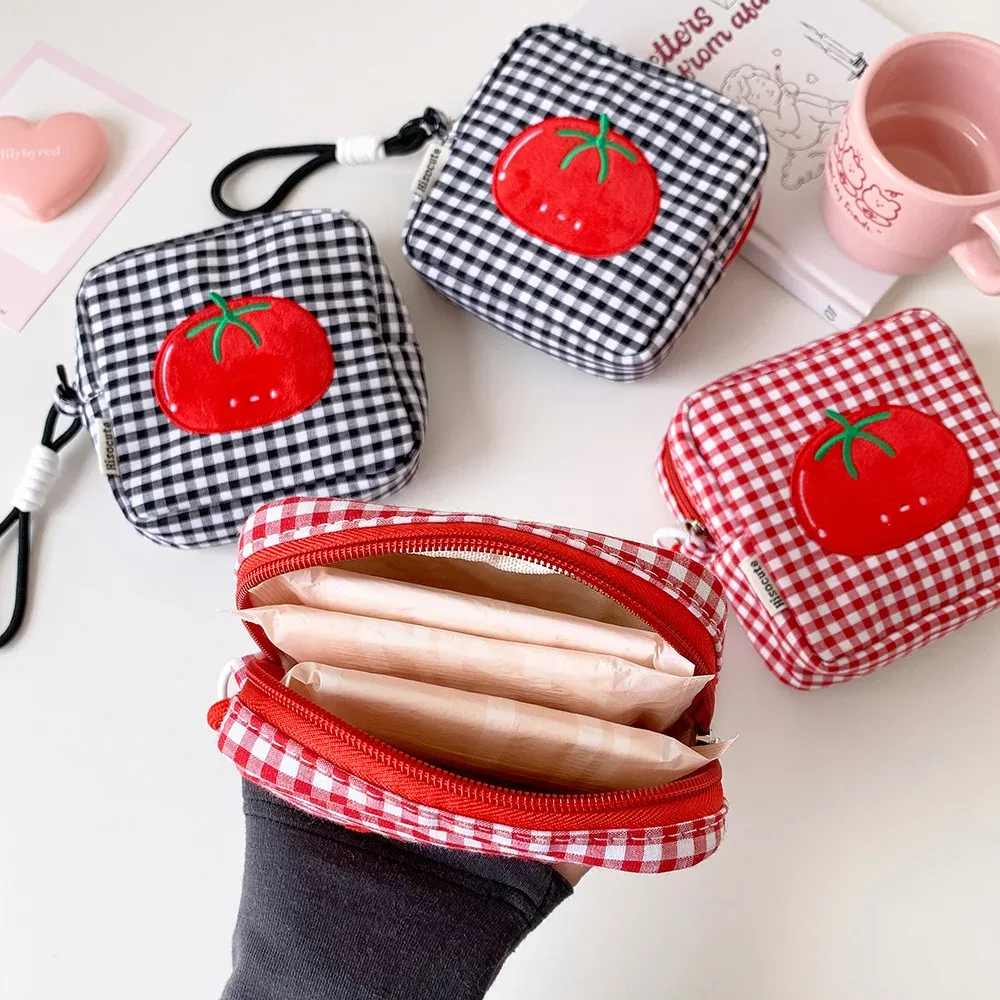 Sac de rangement portable pour serviettes hygiéniques à motif quadrillé tomate pour femme, trousse de maquillage avec fermeture éclair, porte-tampons pour sac à main