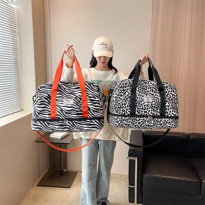 sac de voyage imprimé léopard zèbre pour femme, imperméable, grande taille, bagage, fitness, séparation du support sec, sac de sport, sac de week-end