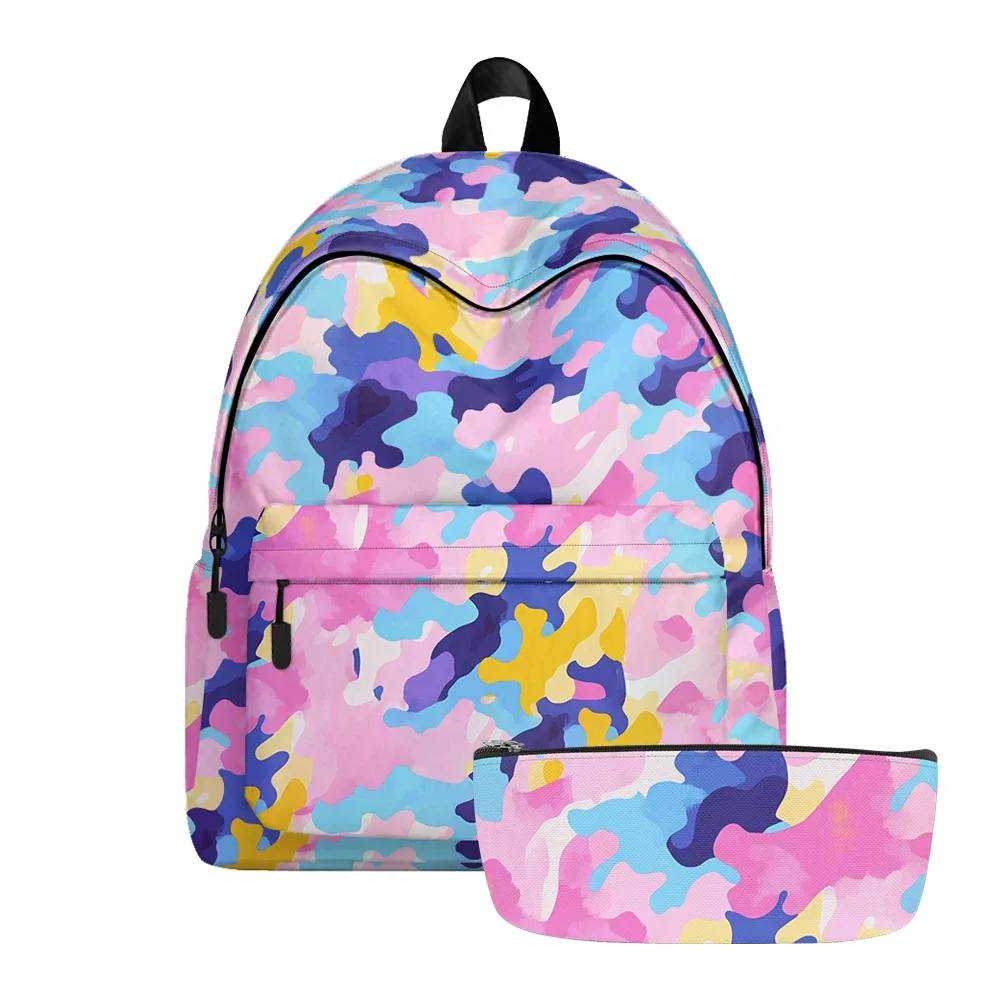 sac à dos imprimé camouflage pastel aquarelle, sacs à crayons, bretelles réglables, sac d'école léger et durable, sac à dos de voyage, ensembles pour adolescents