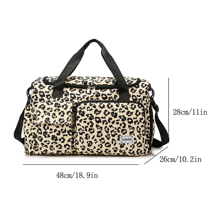 sac à bagages de loisirs de grande capacité imprimé léopard classique, avec plusieurs poches et compartiment à chaussures, sac de voyage de sport et de fitness