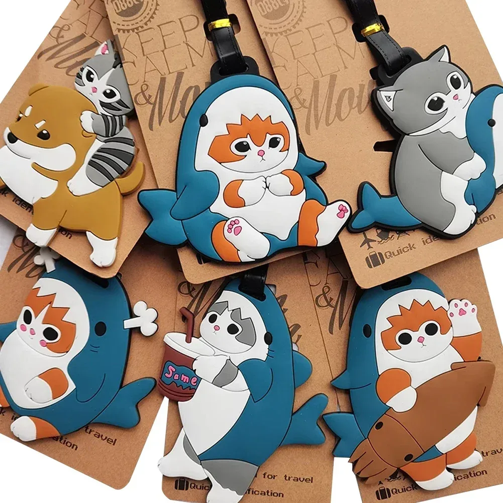 étiquette de bagage design chat requin kawaii, accessoires de voyage pour femmes, étiquette de bagage en pvc de dessin animé pour hommes, portable, anti-perte, adresse, nom