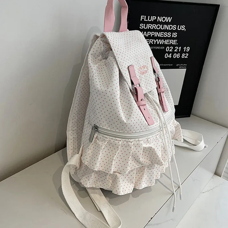 sac à dos coréen à pois grande capacité, sac d'école mignon pour fille, sac de voyage décontracté avec rabat à volants, sacoche pour ordinateur portable