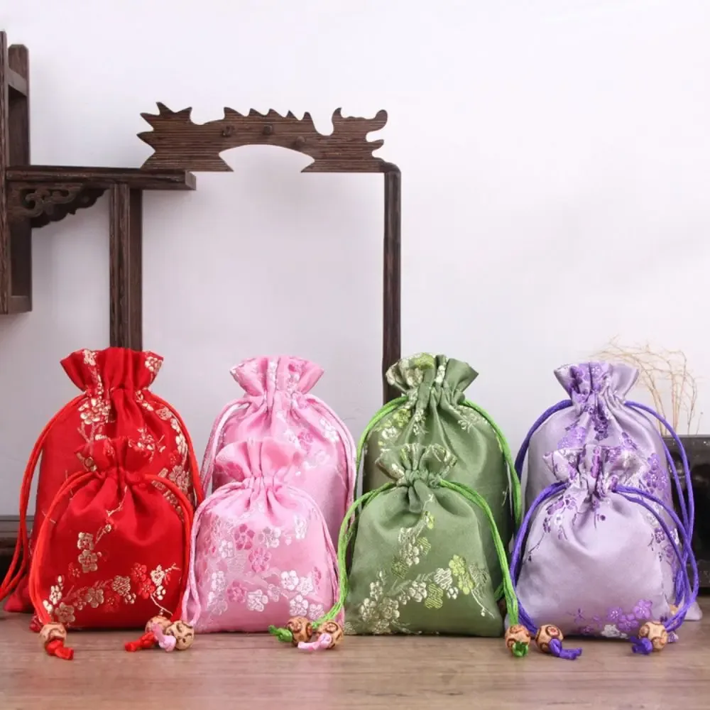 Sac de rangement rétro en Satin, sac cadeau à cordon brodé de fleurs, cravate à cordon de serrage, Sachet pour femmes et enfants