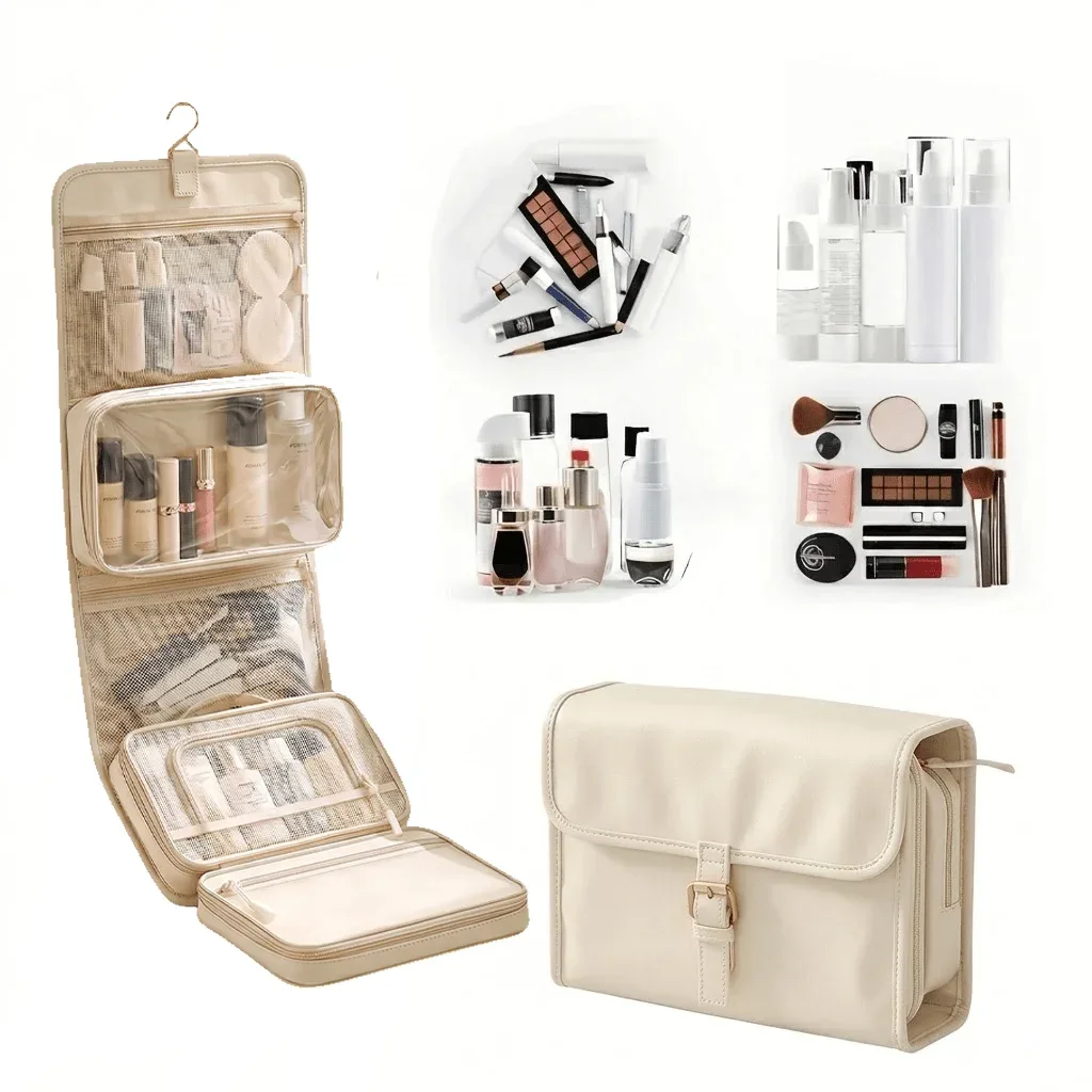 Trousse de Toilette Suspendue Grande Capacité pour Femme, Organisateur de Voyage Imperméable avec Séparation Sec/Humide, Pochette de Lavage Pliable