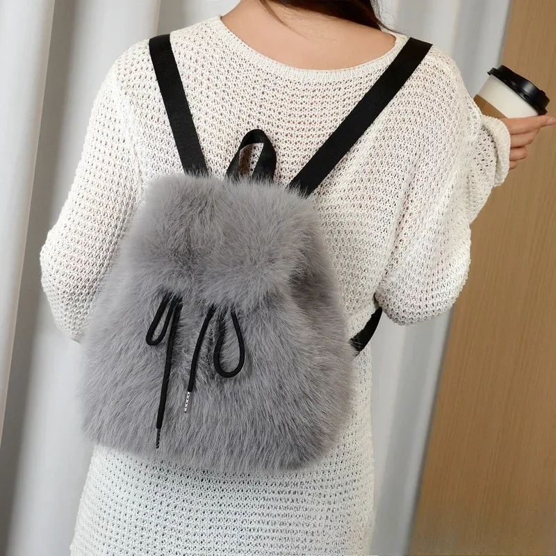 y2k sac à dos en peluche femmes petit mignon cordon léopard moelleux sac solide doux polaire sac à dos hiver chaud fausse fourrure mini sac à dos