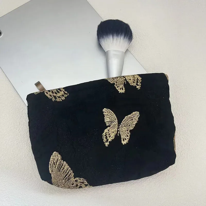 sac à cosmétiques pour femmes, étui vintage en tissu jacquard floral rouge foncé, pochette de rangement de maquillage avec fermeture éclair, petit grand sac pour brosses de toilette