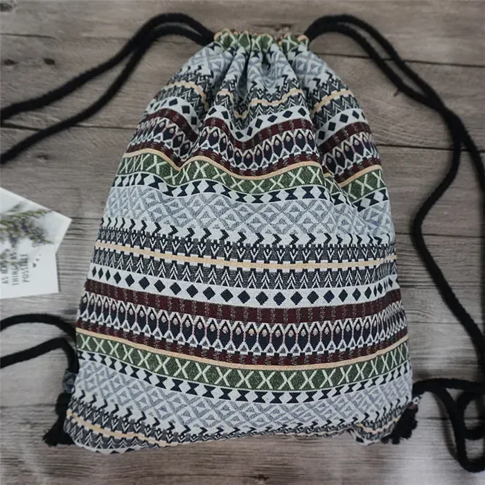 sac à dos en tissu pour femme 2026, style bohème chic, ethnique, tribal, ibiza, gypsy, aztec, doux, marron, avec cordon de serrage