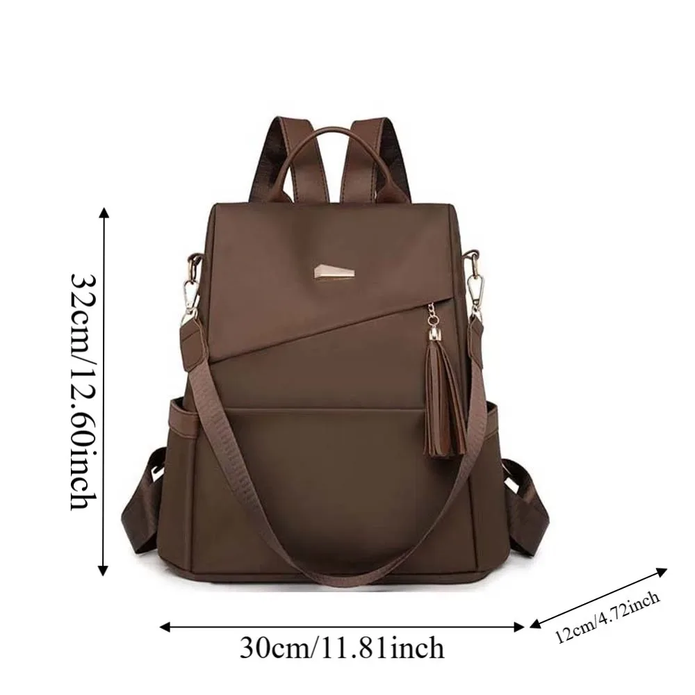 sac à dos en nylon de grande capacité pour femmes, multi-poches, doux au toucher, imperméable, couleur unie, avec pompon décoratif, sac à dos antivol