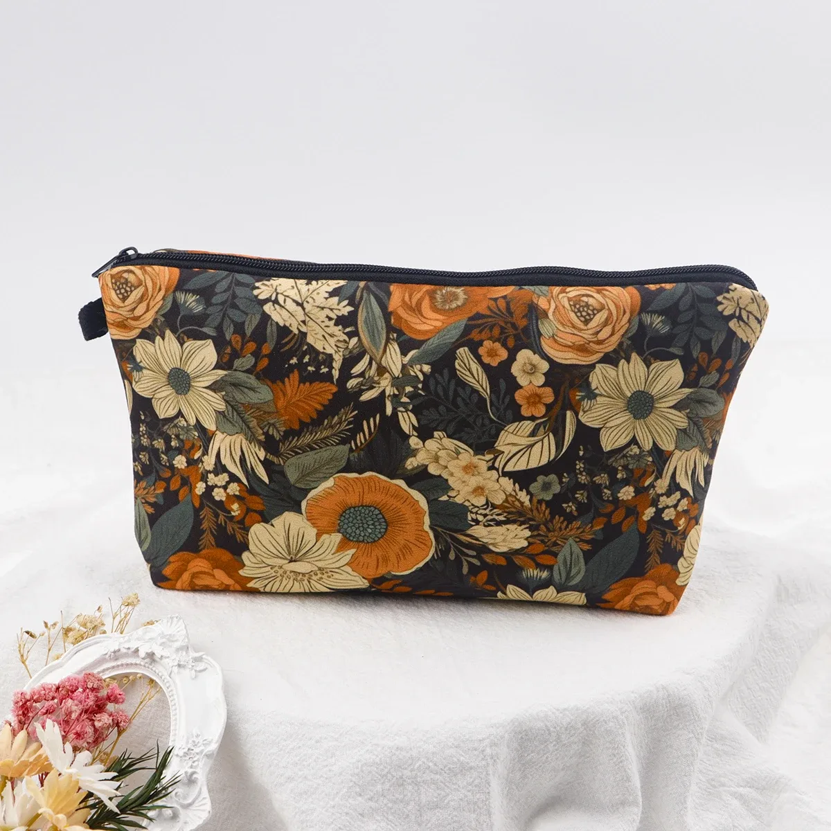 sac de maquillage à fermeture éclair série fleur pour femmes, pochette de rangement de voyage portable, sac de rouge à lèvres de voyage, trousse de maquillage, sacs pour pinceaux cosmétiques