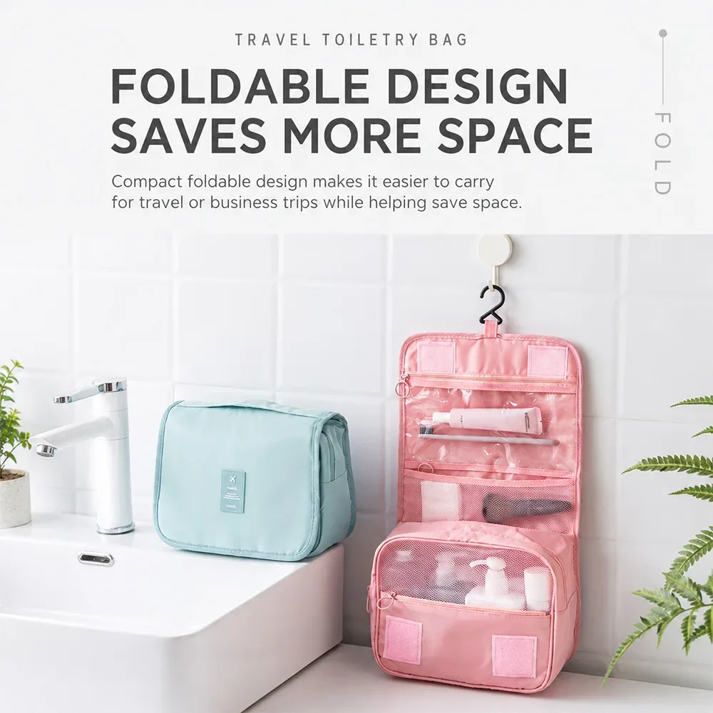 sac de toilette pliable avec crochet de voyage, sac de rangement multifonctionnel imperméable pour cosmétiques, grande capacité, sac de maquillage portable