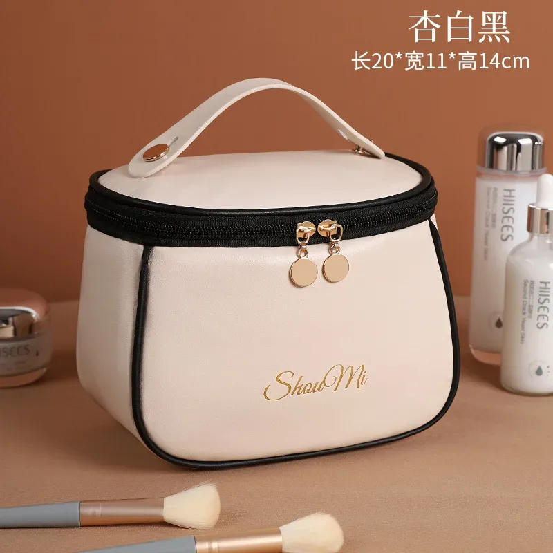 sac de maquillage de voyage de grande capacité, sac organisateur de cosmétiques portable en cuir pu, sac de toilette imperméable avec poignée, sac de rangement pour produits de soin de la peau