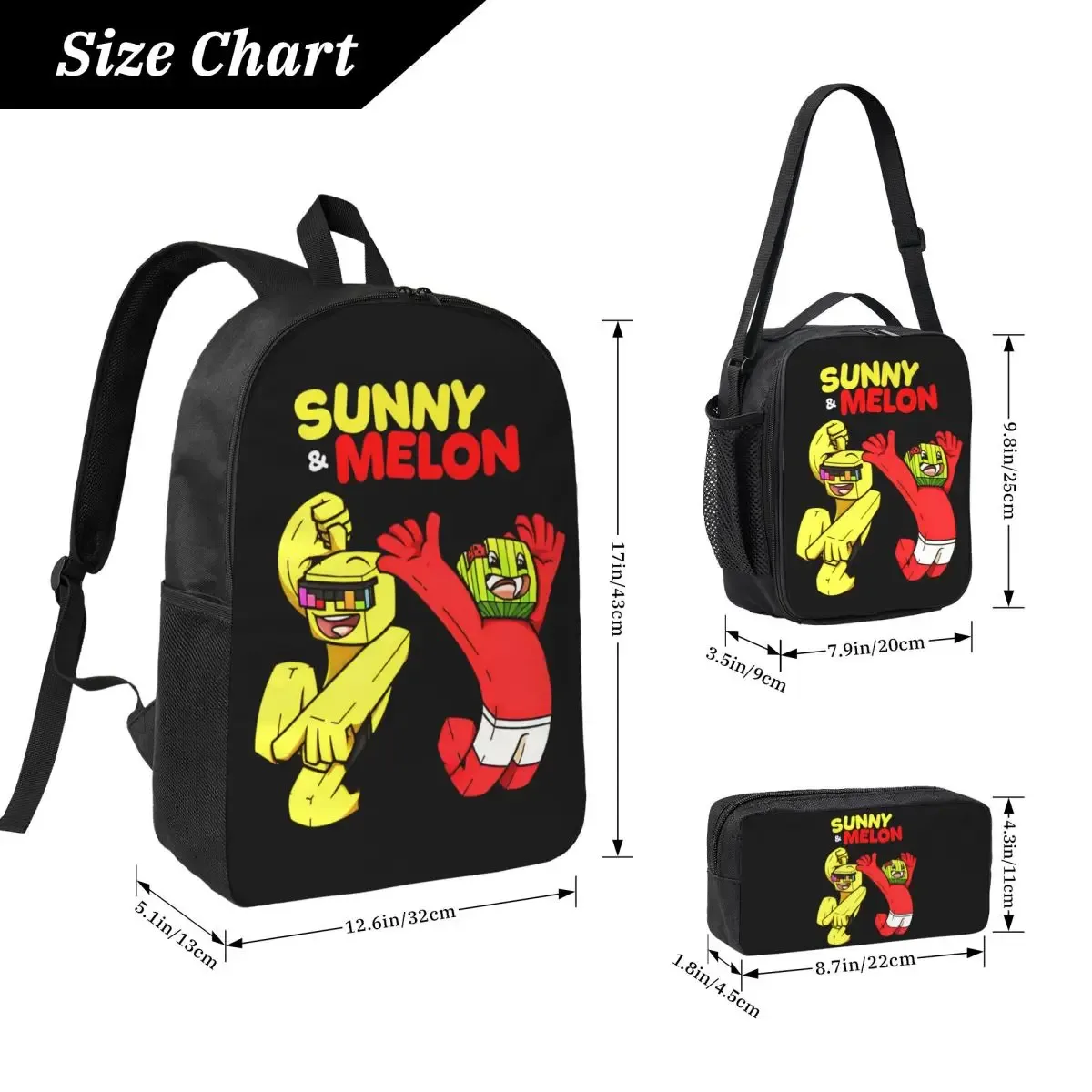 Sac à dos Sunny And Melon pour garçons et filles, sac d'école, sac à bandoulière pour ordinateur portable, 3 pièces, sac à déjeuner isotherme, trousse à crayons