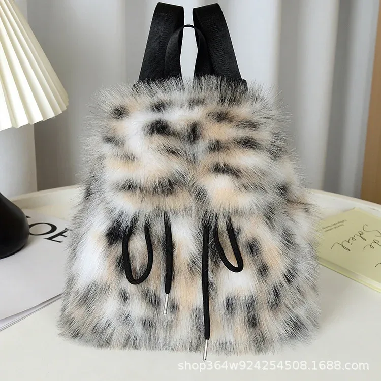 y2k sac à dos en peluche femmes petit mignon cordon léopard moelleux sac solide doux polaire sac à dos hiver chaud fausse fourrure mini sac à dos