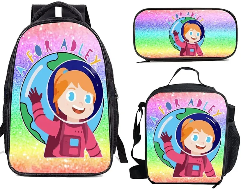 afor adley – sacs d'école classiques et populaires pour étudiants, impression 3d, 3 pièces/ensemble, sac à dos pour ordinateur portable, sac à déjeuner, trousse à crayons