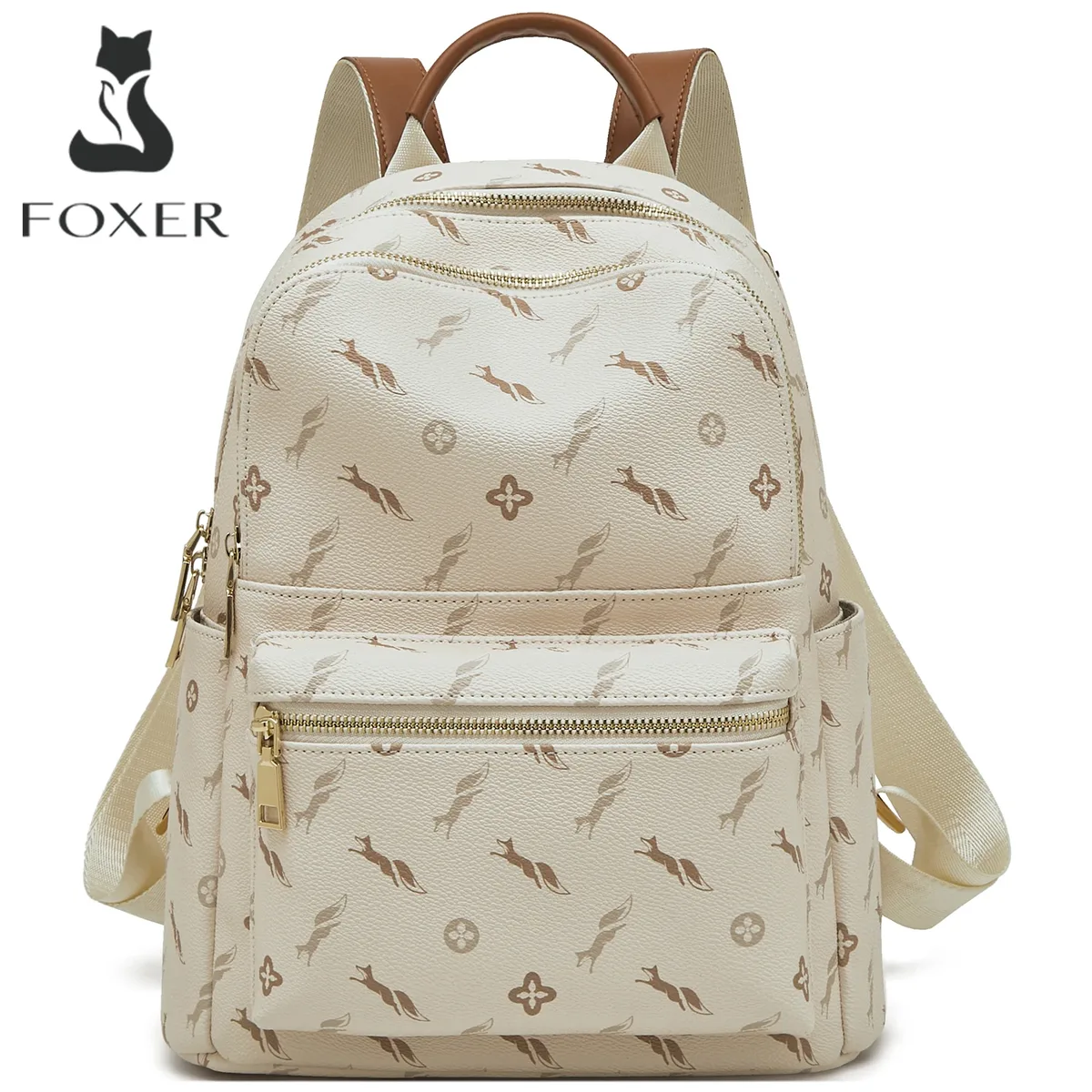 FOXER-Sac à dos monogramme pour femme, sac à dos de voyage pour femme, impression Signature PVC, mode initiée, sac à dos décontracté pour femme