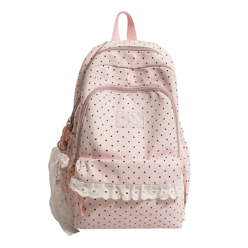 sac à dos scolaire en nylon de grande capacité, style coréen, orné de dentelle à pois et d'un joli nœud décoratif, idéal pour les filles, pour les voyages quotidiens.