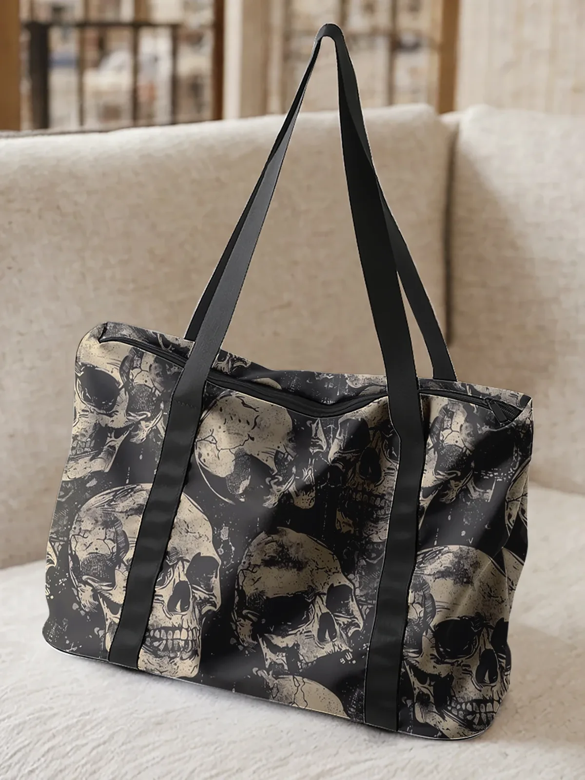 grand sac fourre-tout vintage à imprimé crâne, sac à main à bandoulière, avec larges sangles de rangement pour les voyages, la plage, le shopping, la salle de sport et les trajets quotidiens