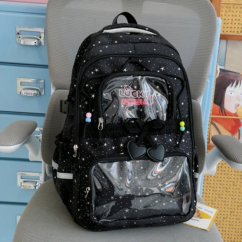 sac à dos pour femmes, sac de voyage multi-poches, joli sac d'école à rayures réfléchissantes avec nœud et étoiles pour adolescentes, sac à livres